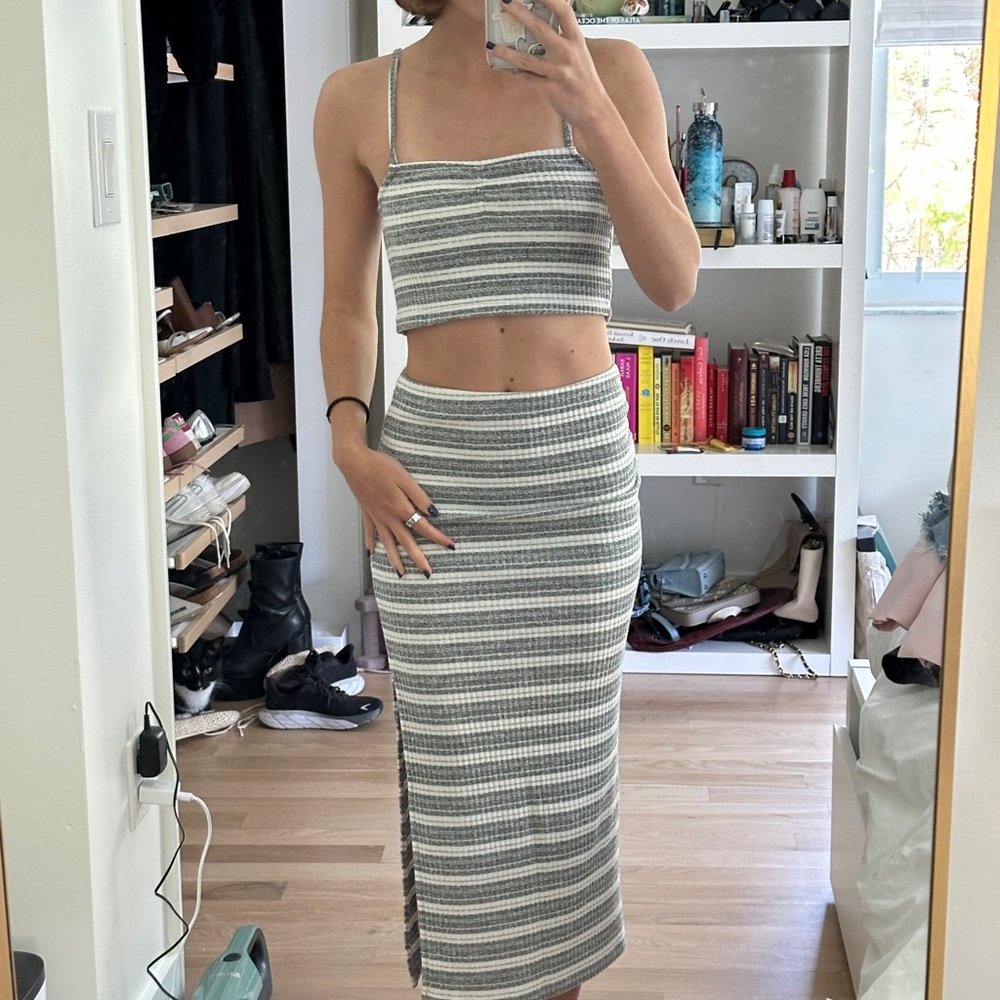 Mango White and Gray Midi Skirt with Slit